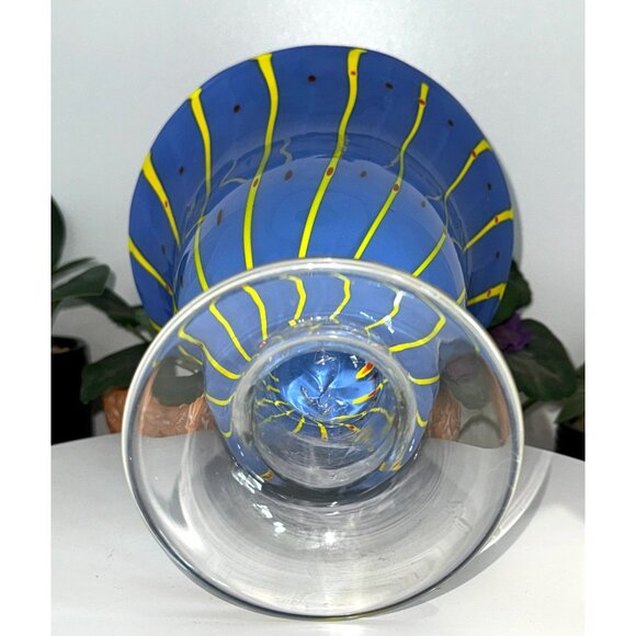 Handcrafted Blue & Yellow Striped Blown Art Glass Vase - Picture 4 of 8
